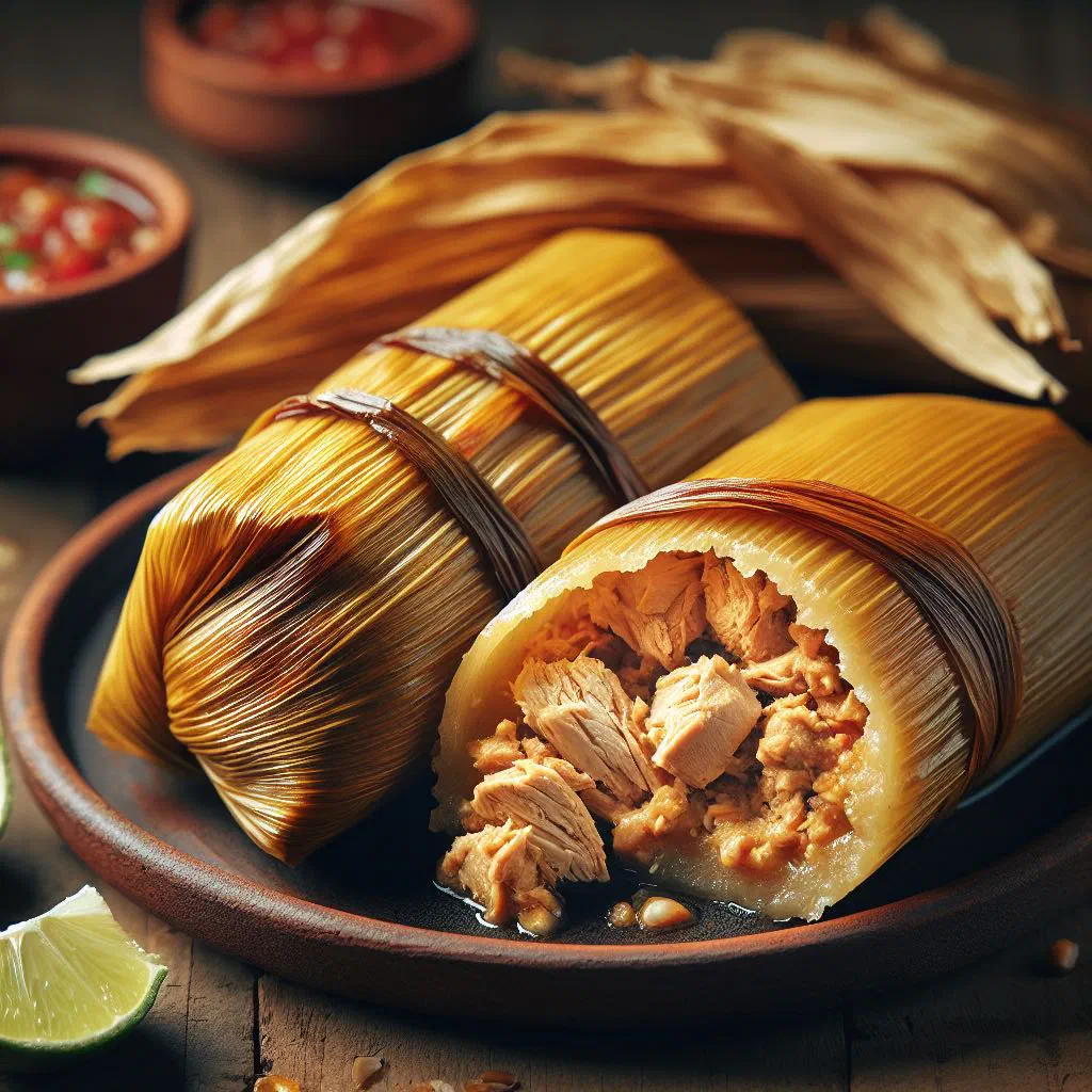 Steamed chicken tamales wrapped in banana leaves on a plate
