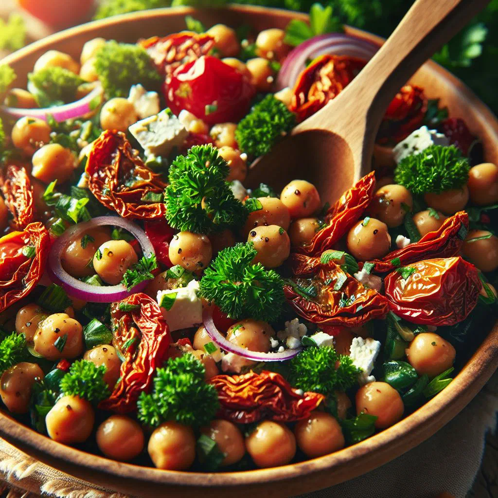 Chickpea salad with diced peppers, cucumber, red onion and fresh parsley