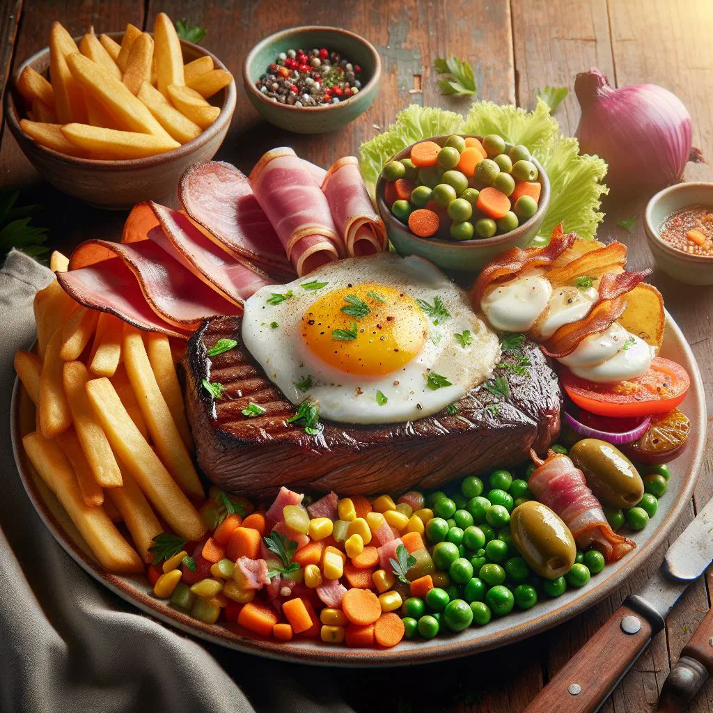Chivito al plato with steak, melted cheese, bacon, tomato and avocado