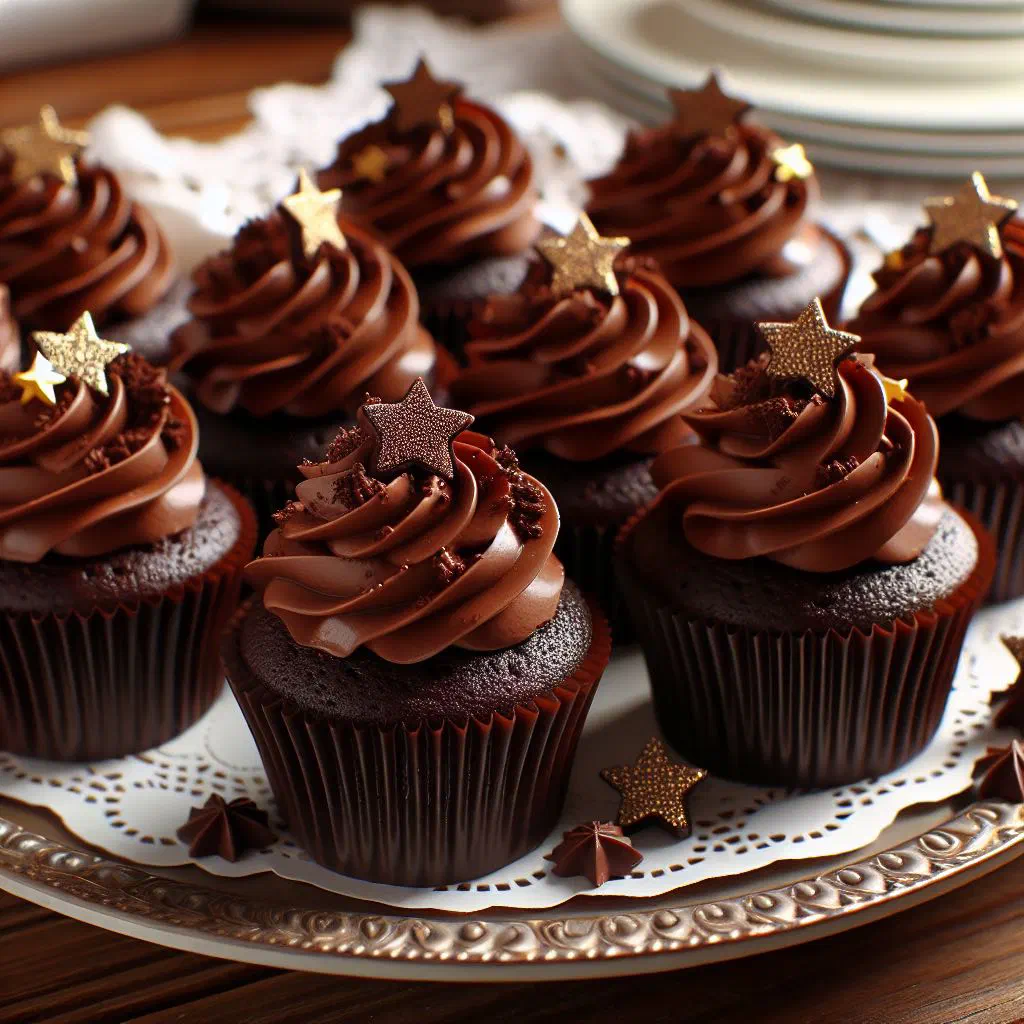 Chocolate cupcakes in paper cases dusted with sugar