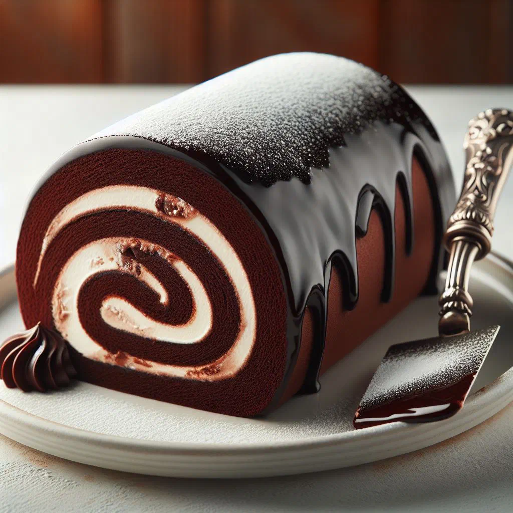 Sliced chocolate sponge roll filled with sweetened whipped cream