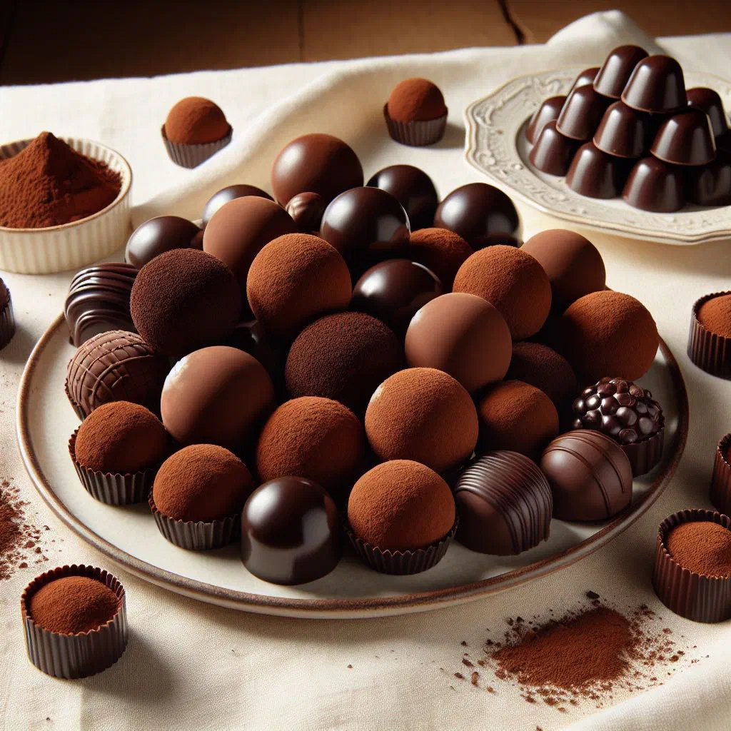 Chocolate truffles rolled in cocoa powder on a plate