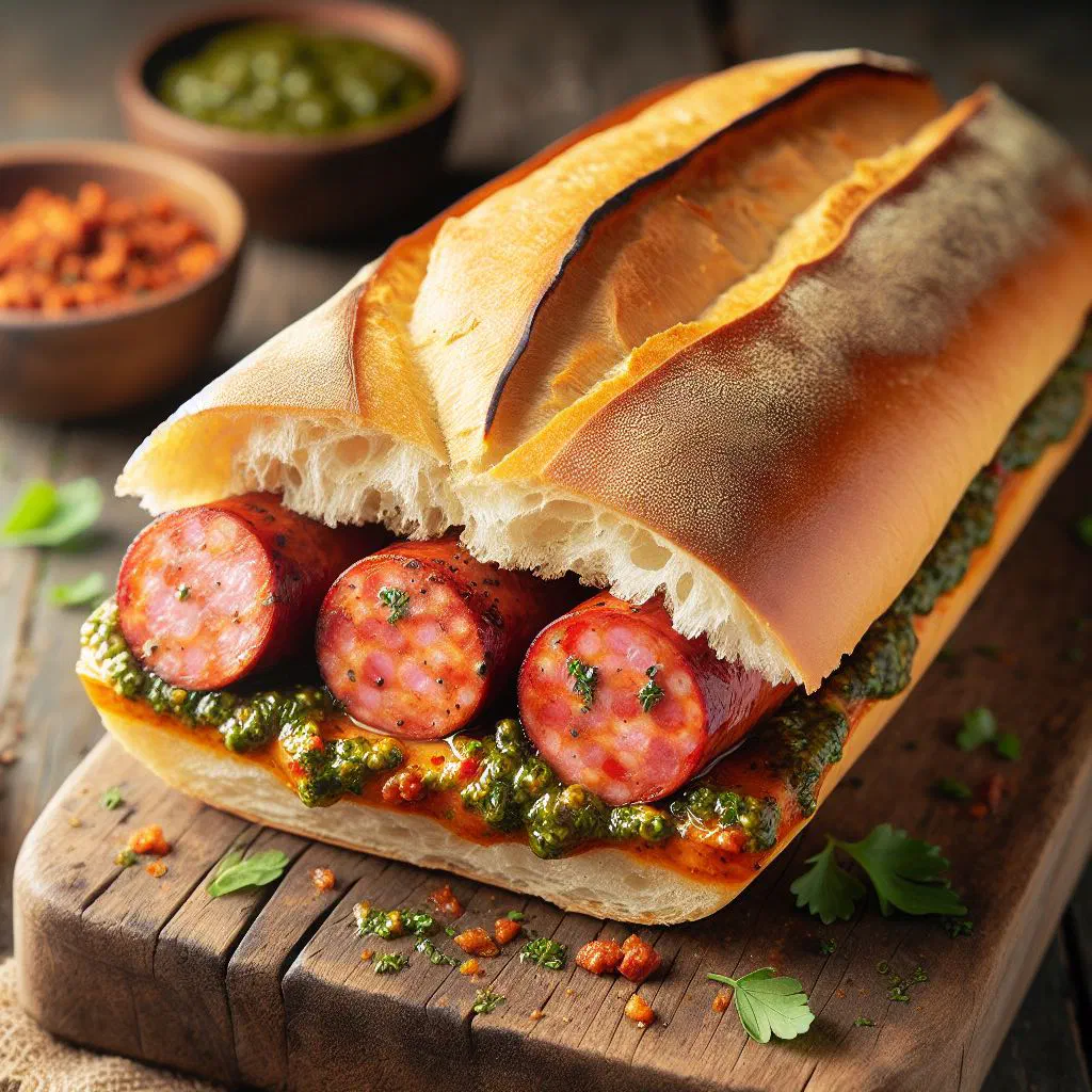 Grilled chorizo in a crusty bread roll topped with chimichurri
