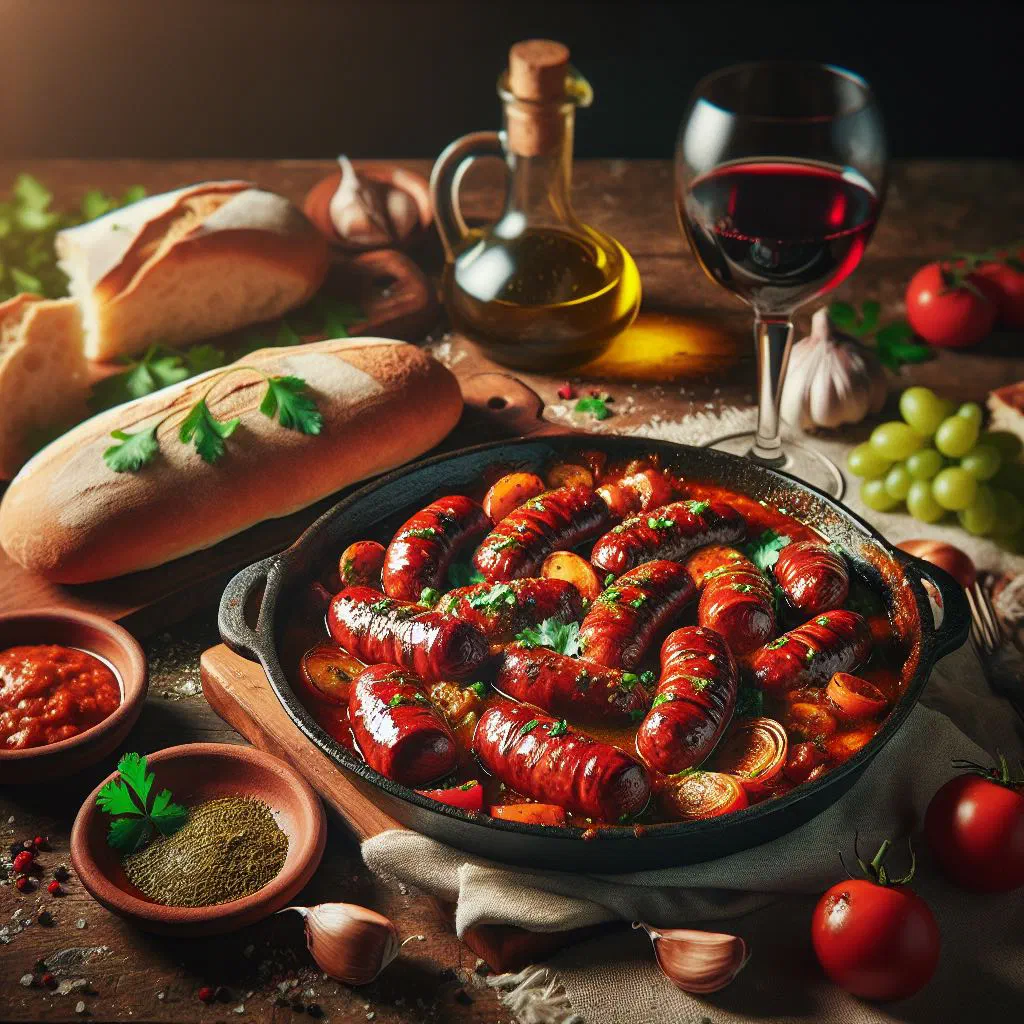 Chorizos simmered in a rich tomato pomarola sauce, garnished with fresh herbs