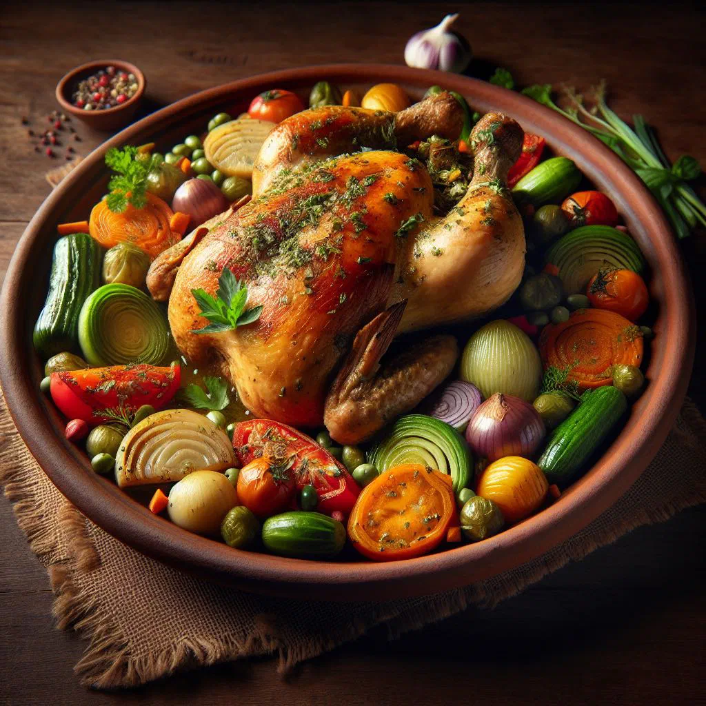 Golden clay oven chicken garnished with fresh herbs and lemon
