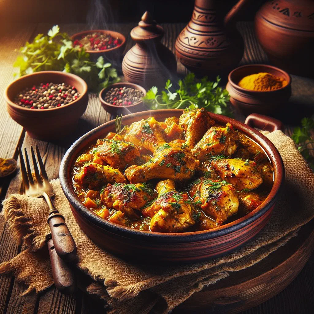 Clay pot chicken simmered with peppers, tomatoes and fresh herbs