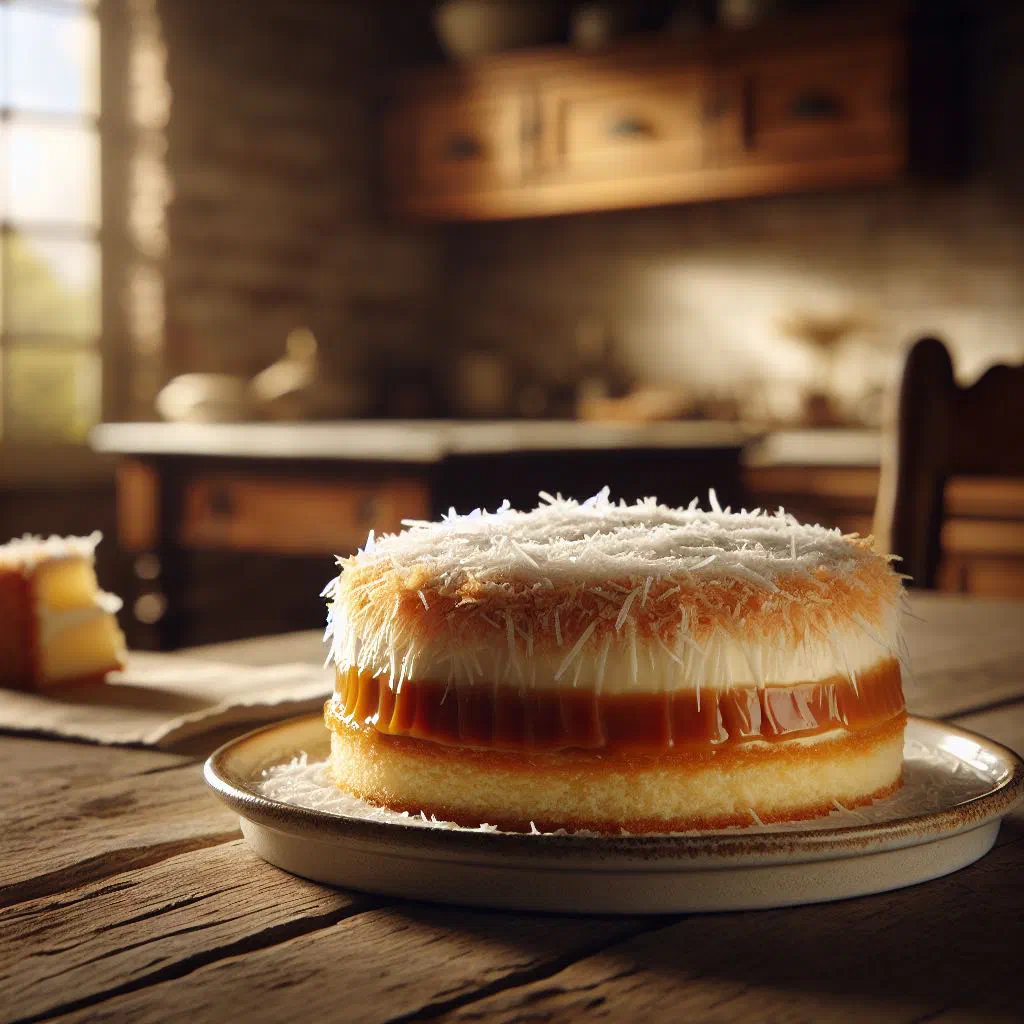 Slice of coconut cake topped with dulce de leche