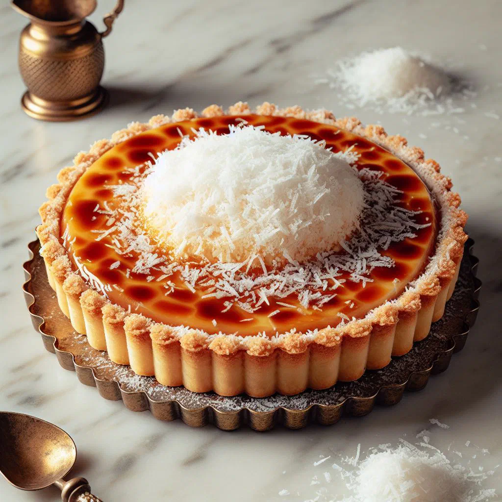 Slice of coconut and dulce de leche tart topped with toasted coconut