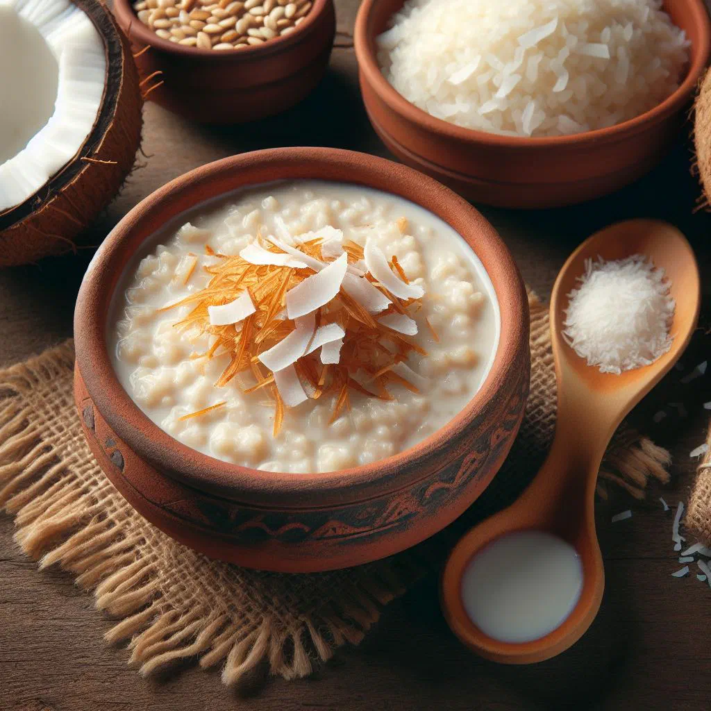 Creamy coconut rice pudding in a bowl topped with fresh coconut shavings and cinnamon
