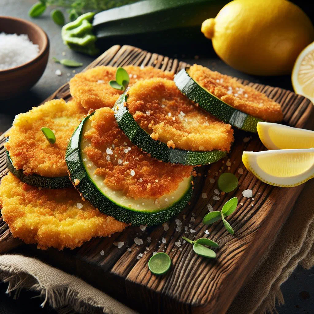 Golden breaded courgette milanesas served with lemon wedges