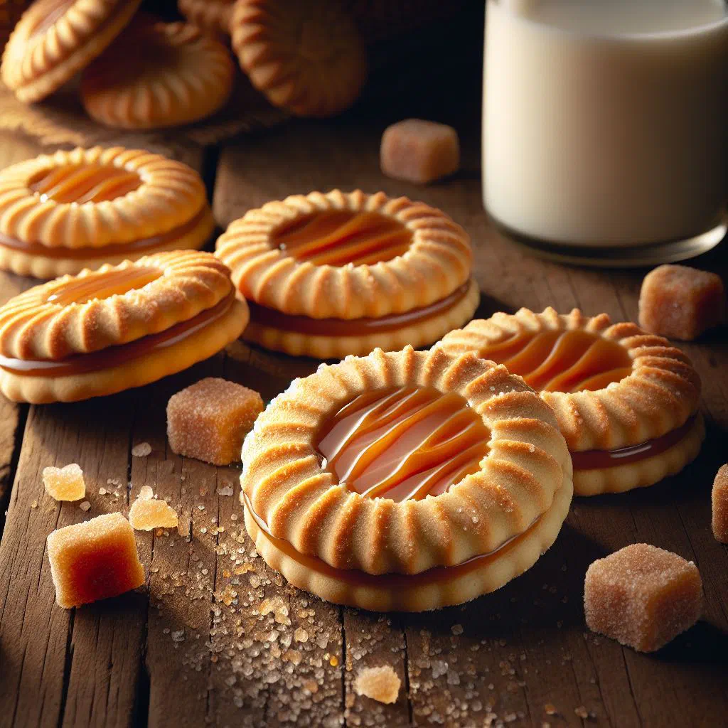 Sandwich cookies filled with dulce de leche dusted with icing sugar
