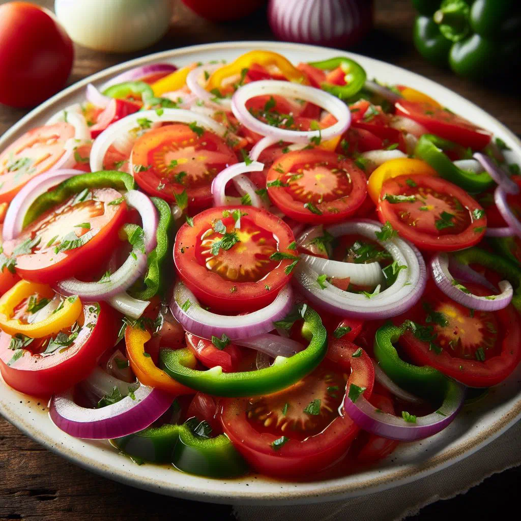 Fresh Uruguayan ensalada criolla with diced tomatoes, peppers and onions