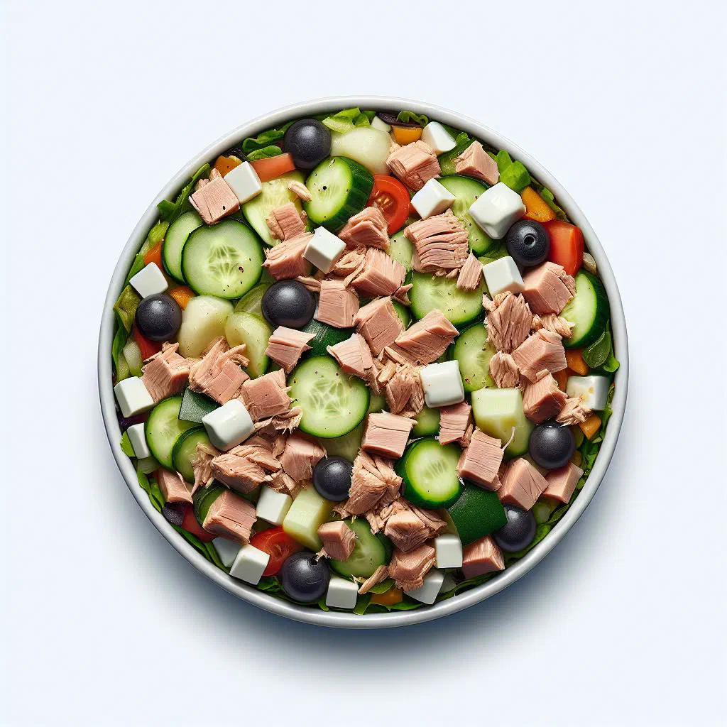 Bowl of Uruguayan tuna salad with peppers, cucumber and fresh herbs