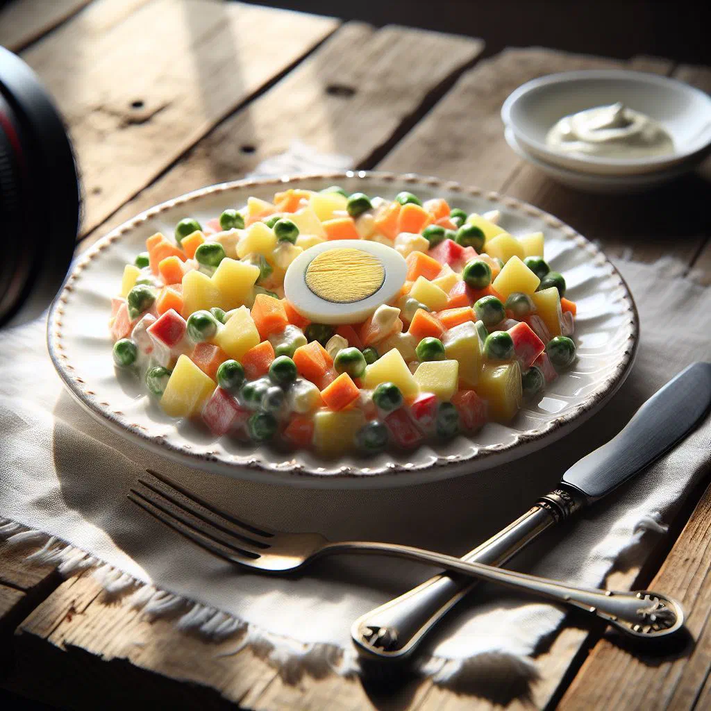 A bowl of ensalada rusa with diced potatoes, carrots and peas in a creamy mayonnaise dressing