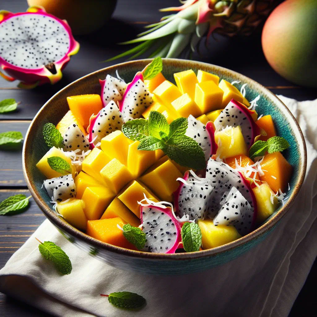 Colourful tropical salad with mango, avocado, cucumber and peppers