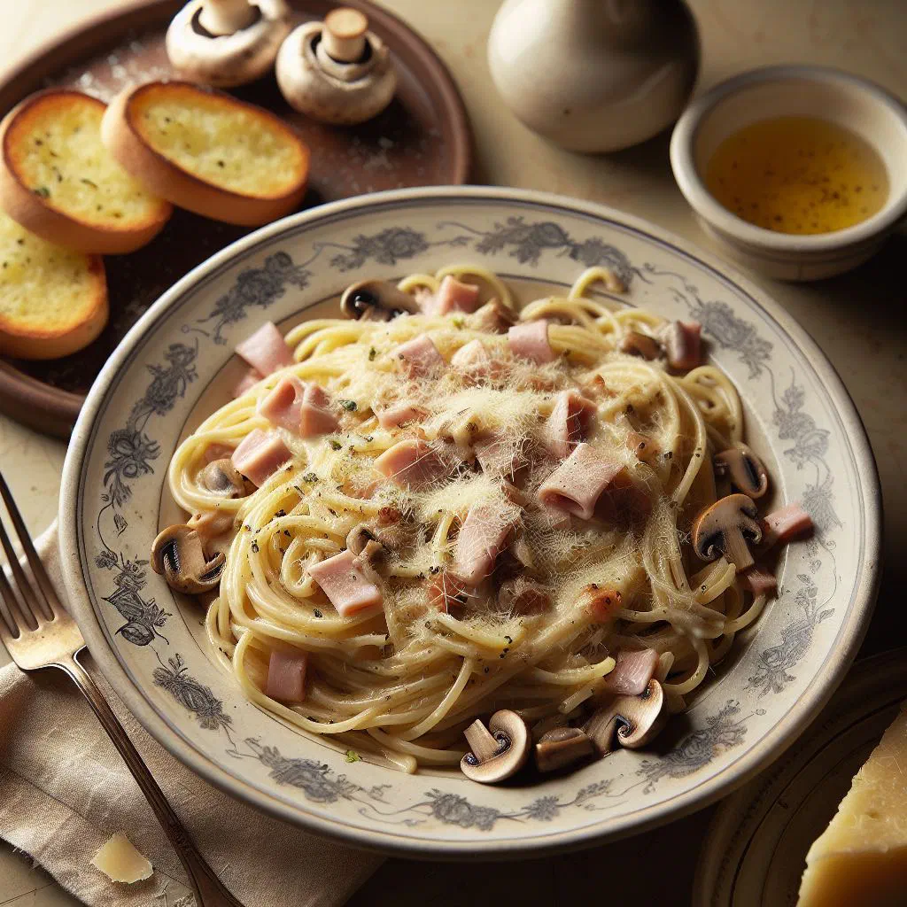 Spaghetti coated in creamy Caruso sauce with ham and mushrooms, garnished with parsley
