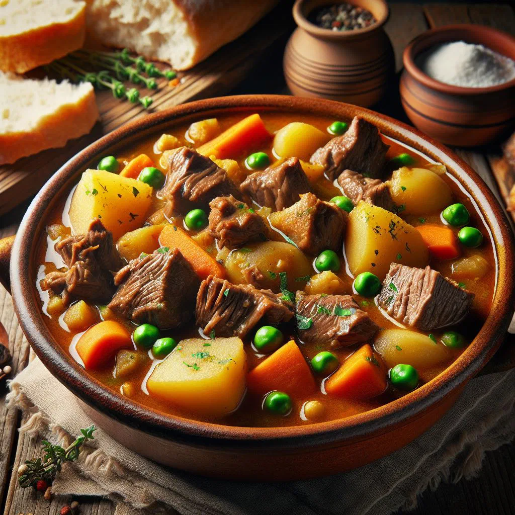 Slow-cooked Uruguayan beef stew with carrots, peppers and potatoes in a bowl