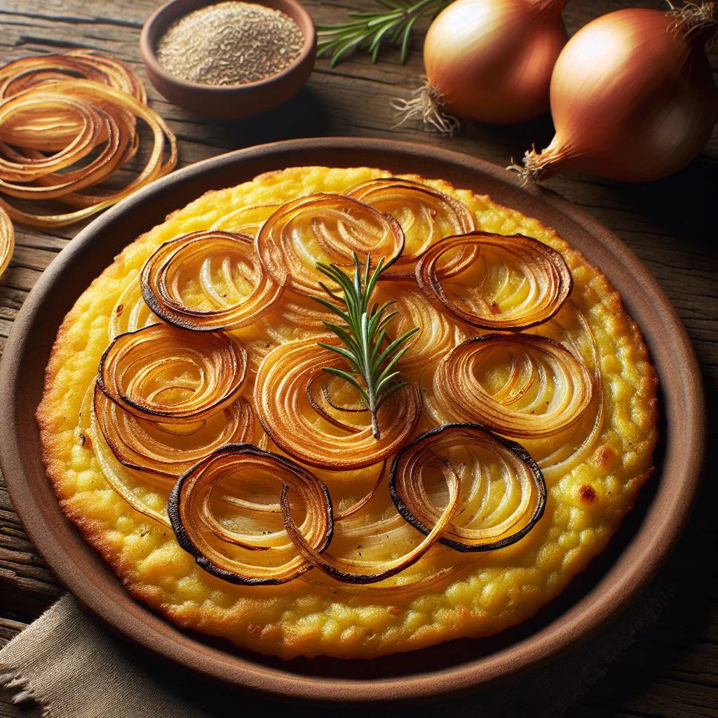 Golden baked fainá de cebolla with caramelised onion, cut into wedges