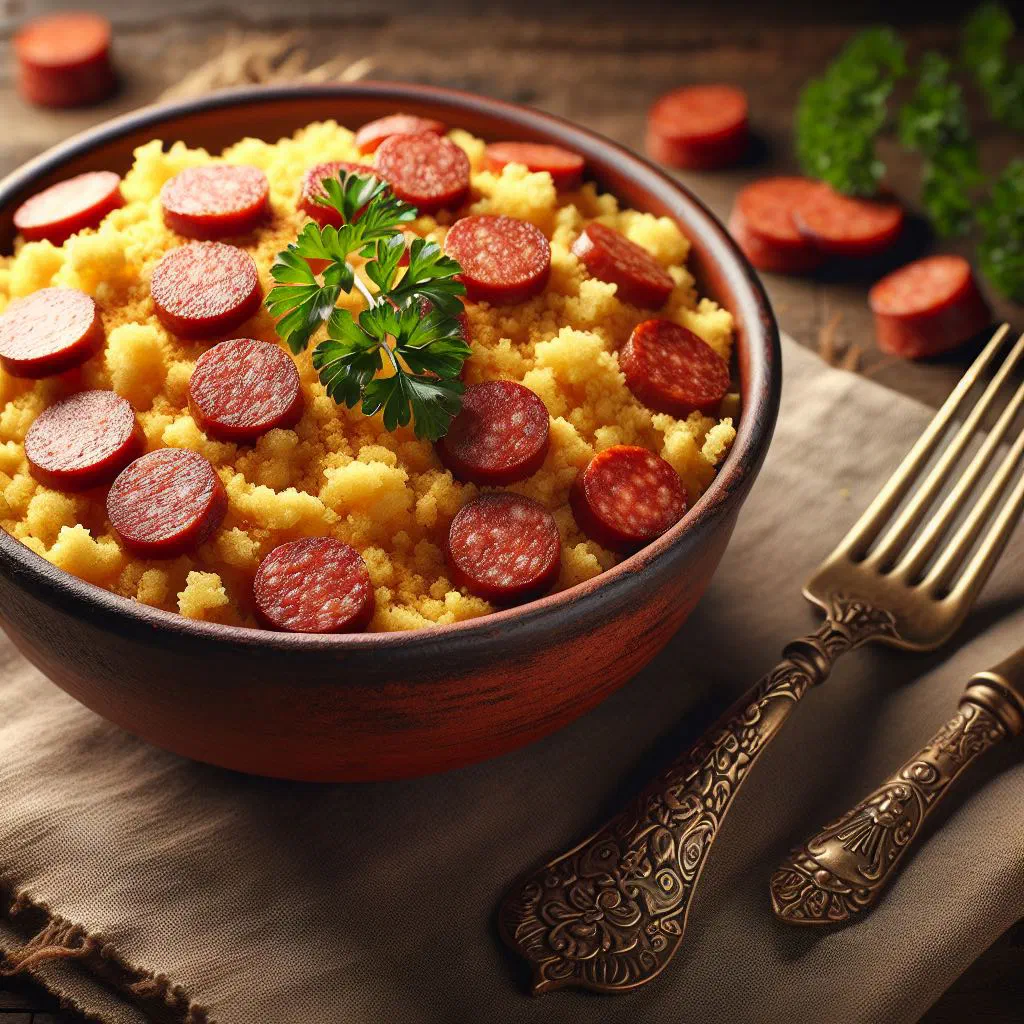 Toasted cassava flour farofa with diced chorizo, garnished with fresh parsley