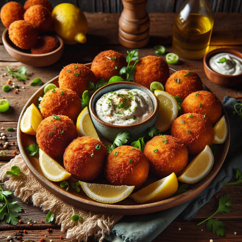 Golden, crispy Uruguayan fish croquettes served with a wedge of lemon