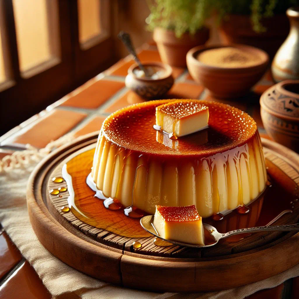 Vanilla flan turned out onto a plate with golden caramel topping