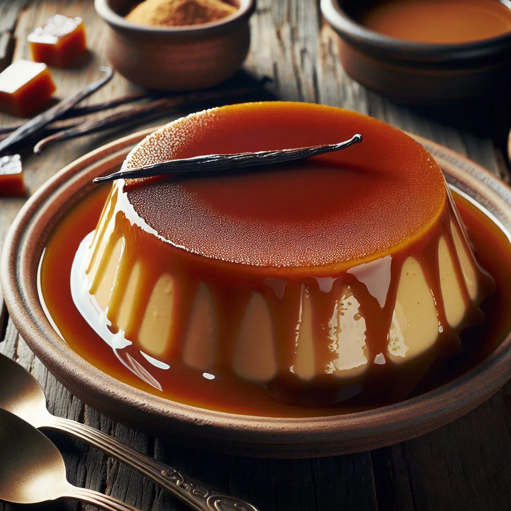 Uruguayan flan casero turned out onto a plate with golden caramel and dulce de leche