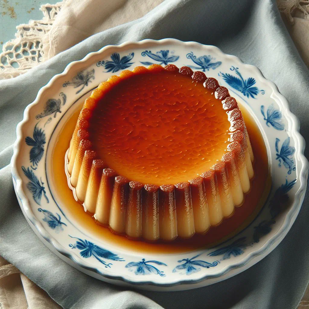 Coconut flan turned out onto a plate with golden caramel running down the sides