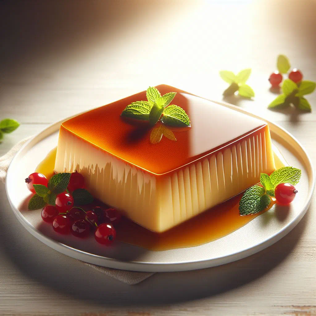 Slice of creamy Uruguayan flan de queso topped with caramel