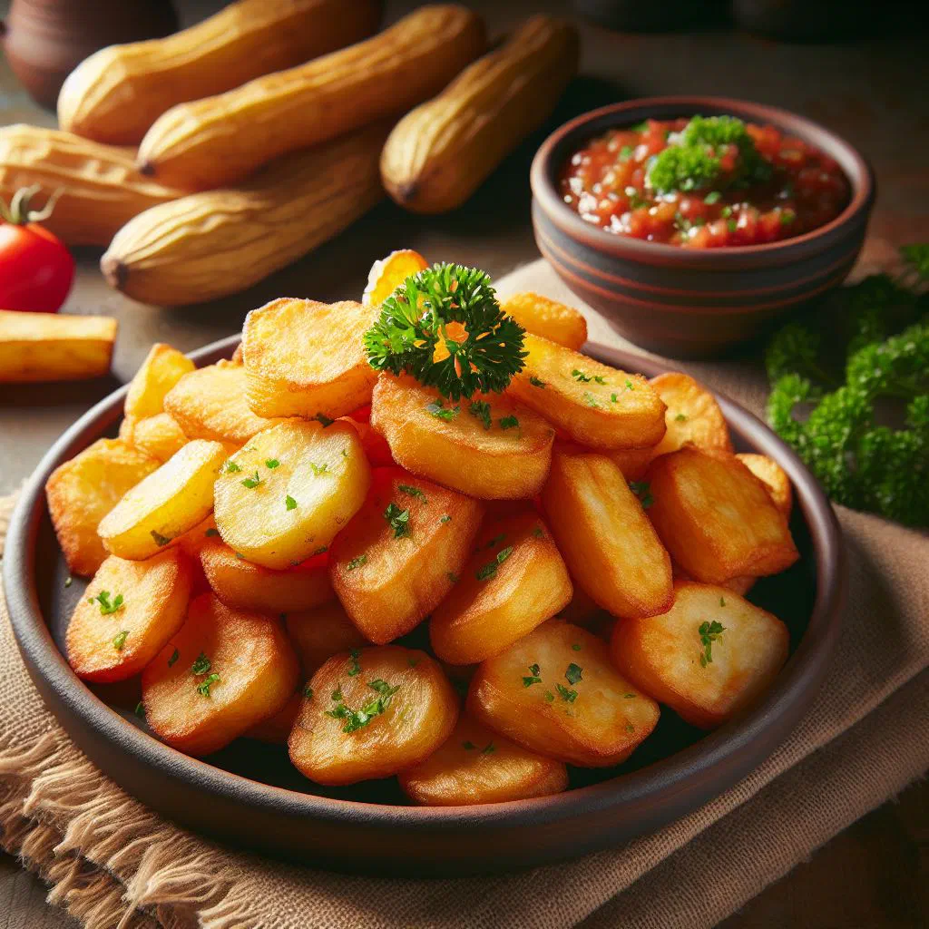 Golden, crispy fried yuca pieces served with a dipping salsa
