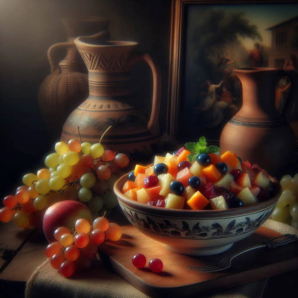 Colourful bowl of fresh fruit salad with banana, apple, orange, kiwi and grapes