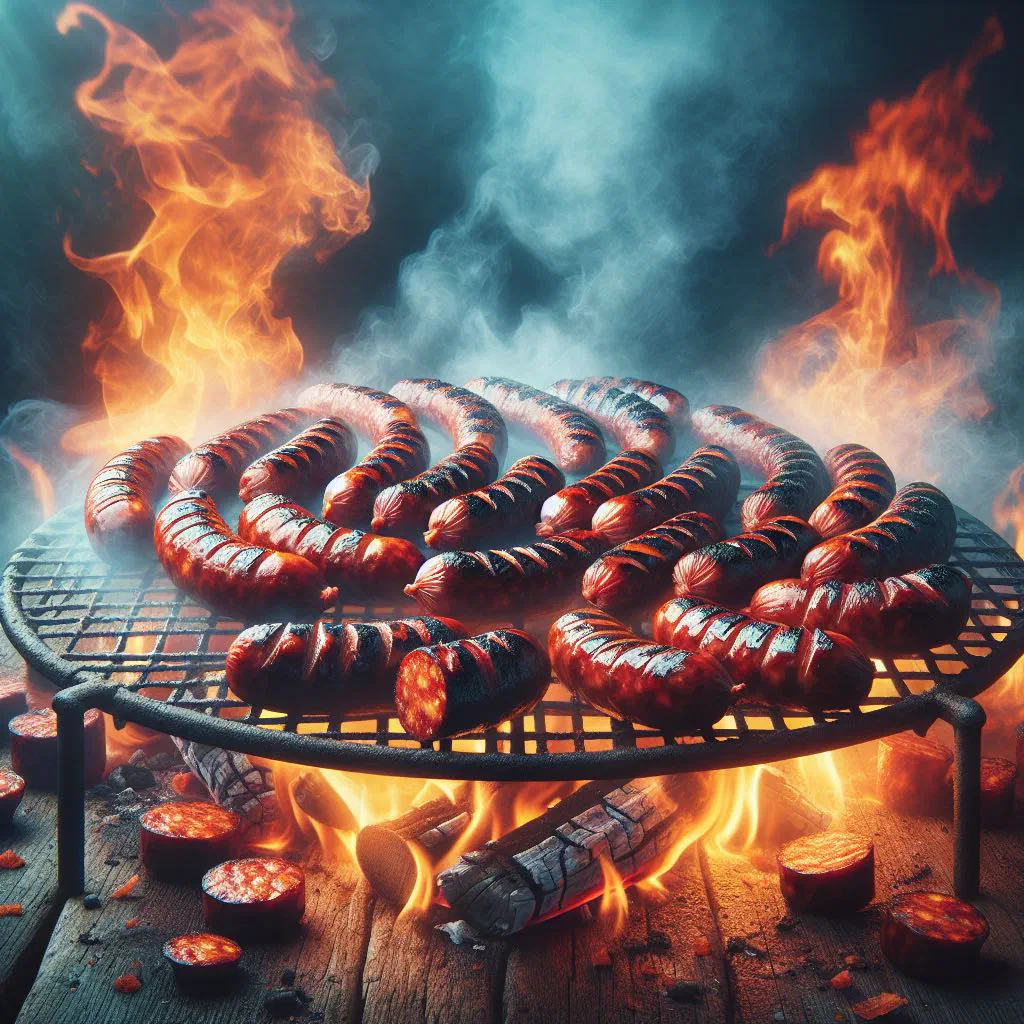 Grilled chorizos sizzling over an open flame on a barbecue