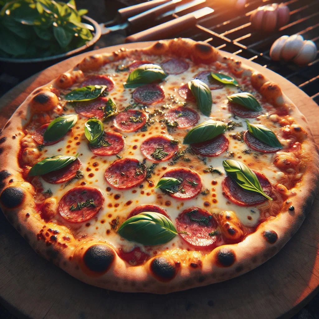 Grilled pizza topped with melted mozzarella, chorizo and peppers fresh off the barbecue