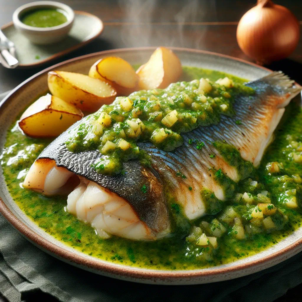 Pan-fried hake fillet topped with a fresh parsley and garlic green sauce