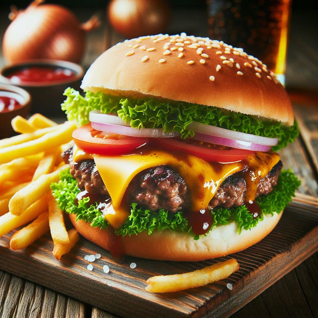 Homemade Uruguayan beef burger in a soft bun with lettuce, tomato and cheese