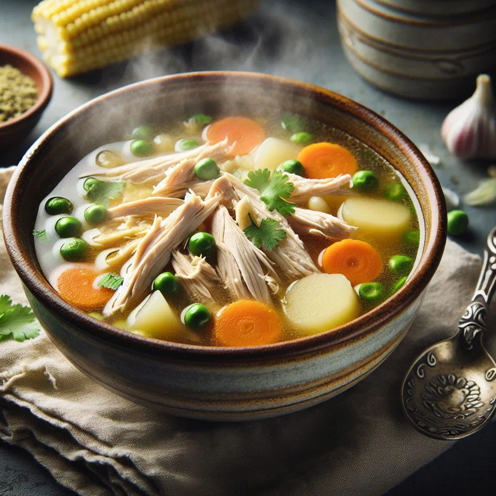 A bowl of homemade Uruguayan chicken soup with vegetables and fresh parsley