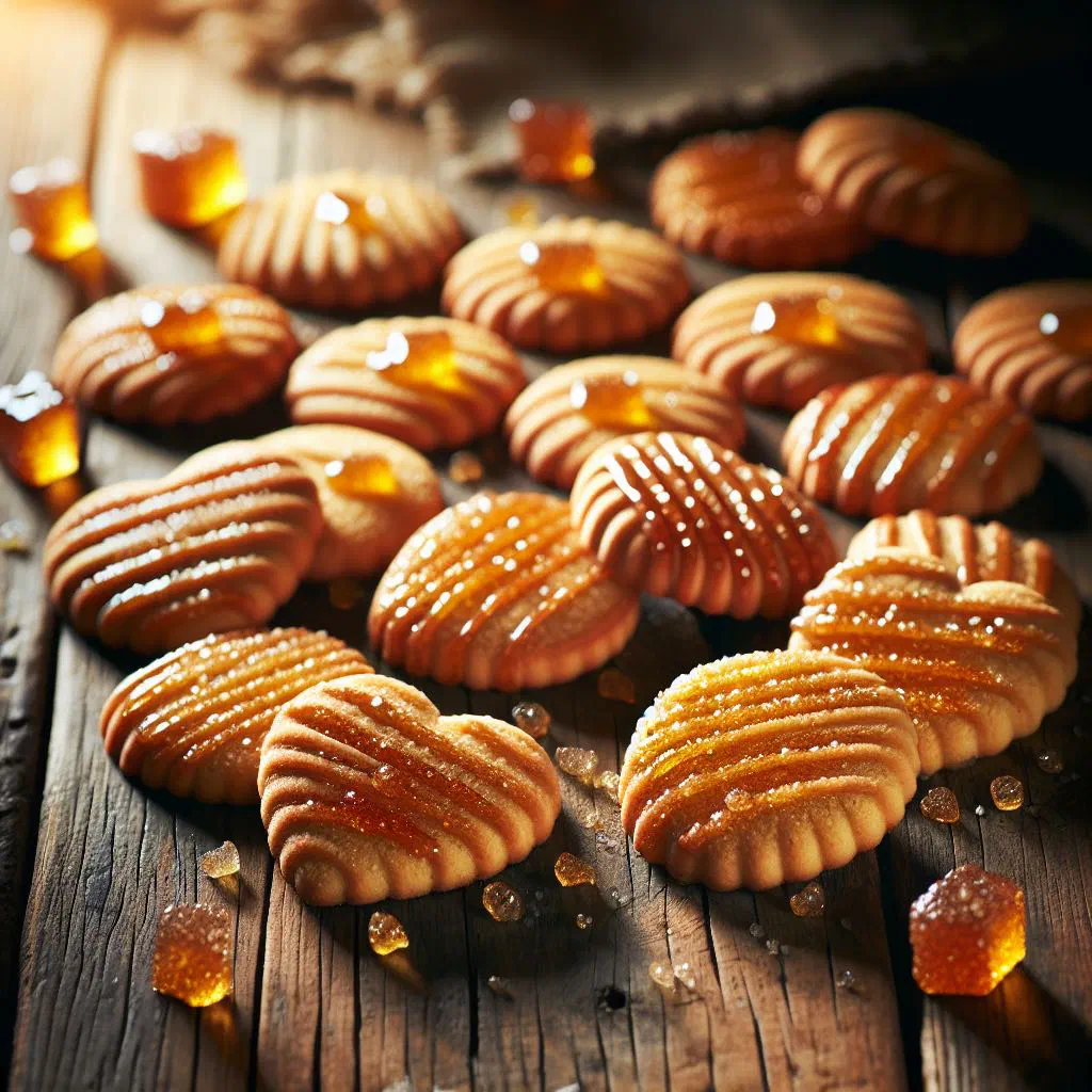 Golden honey biscuits dusted with sugar on a plate