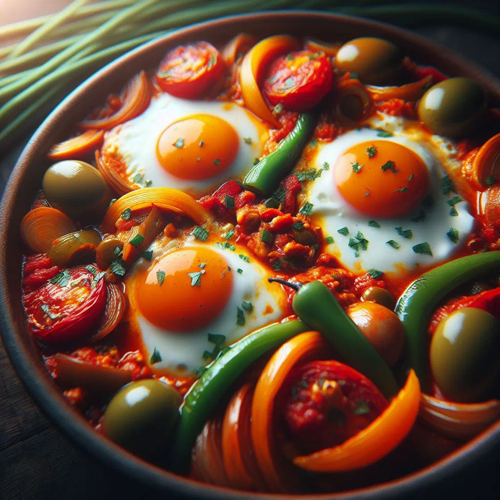 Huevos a la flamenca with eggs baked in a tomato and pepper sauce