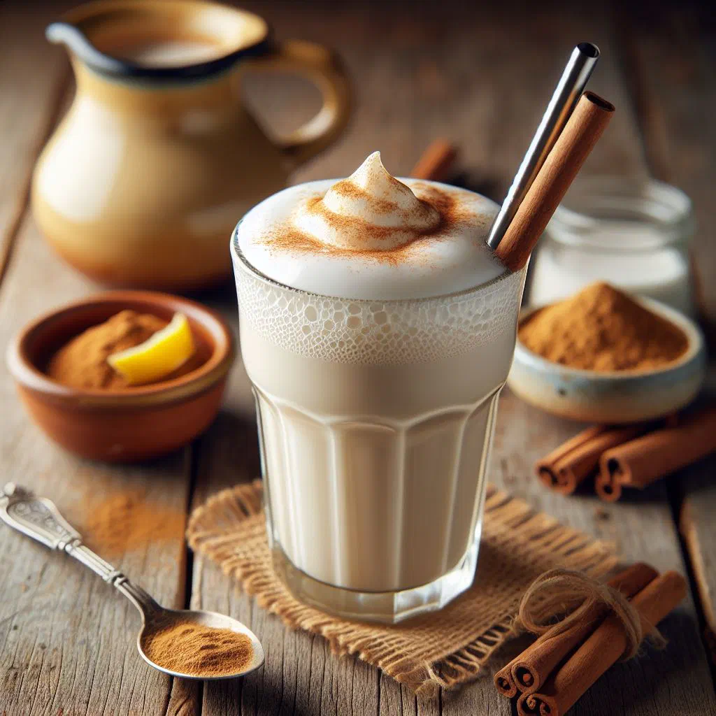 Chilled leche merengada served in a glass with a cinnamon stick