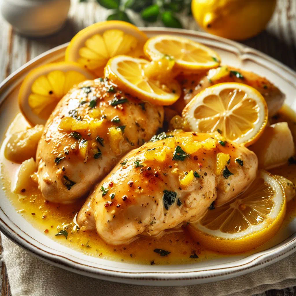Pan-fried lemon chicken breast garnished with fresh herbs and lemon slices