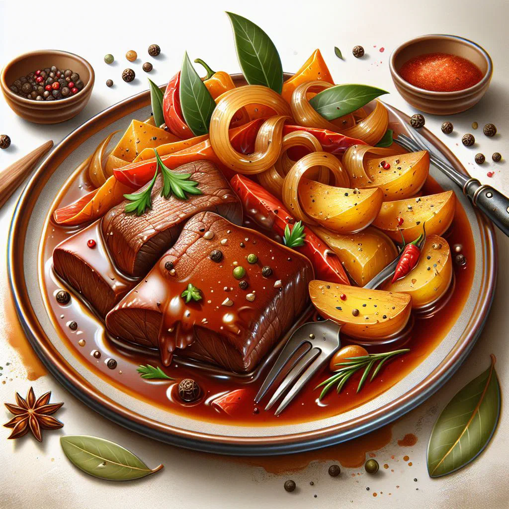 Braised beef tongue in a rich tomato and vegetable sauce served on a plate