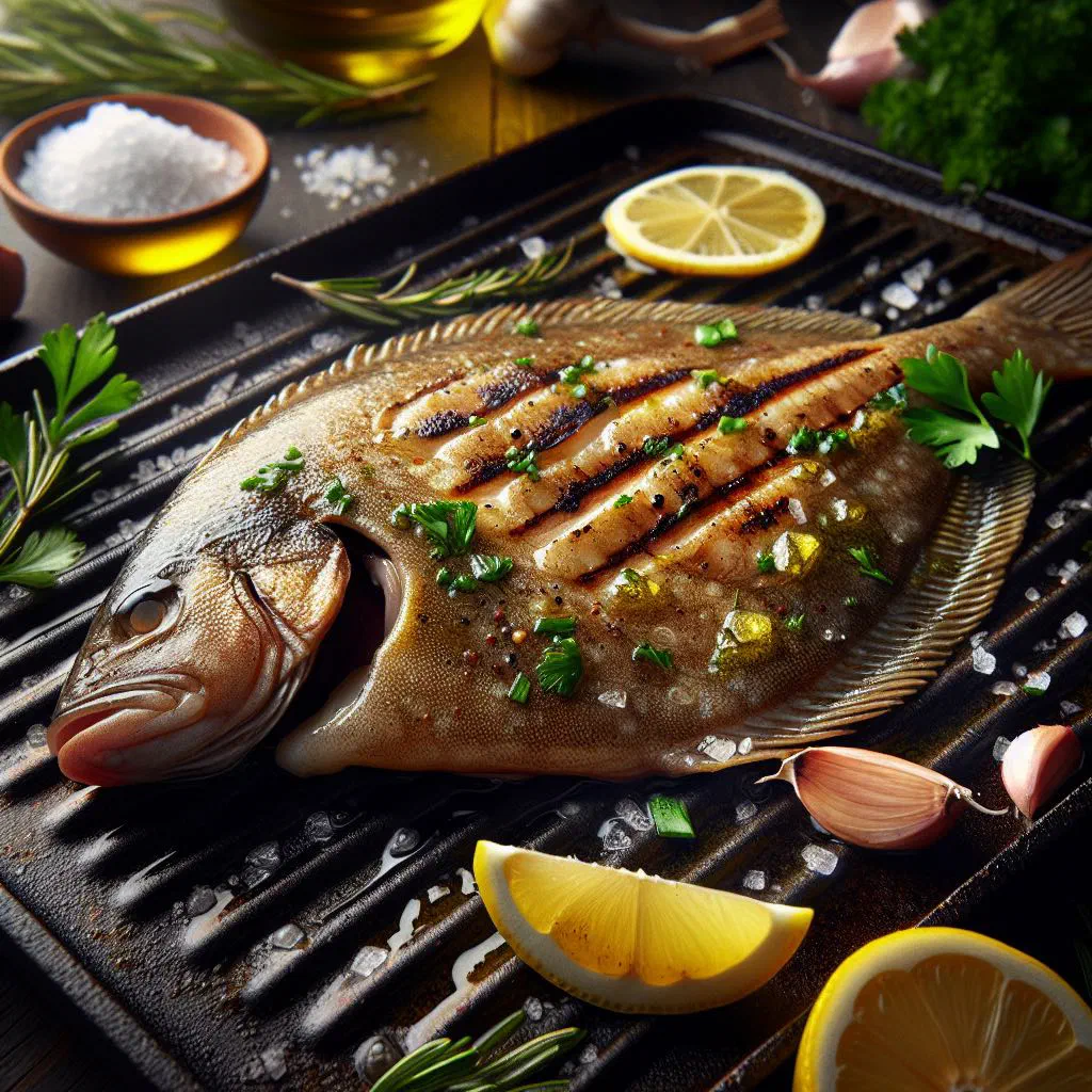 Grilled halibut fillet on a plate with fresh herbs and lemon