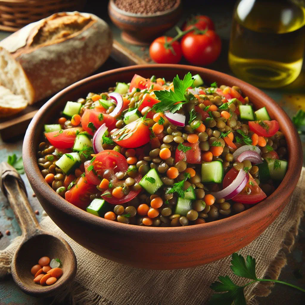 Bowl of Uruguayan lentil salad with peppers, carrot and fresh herbs