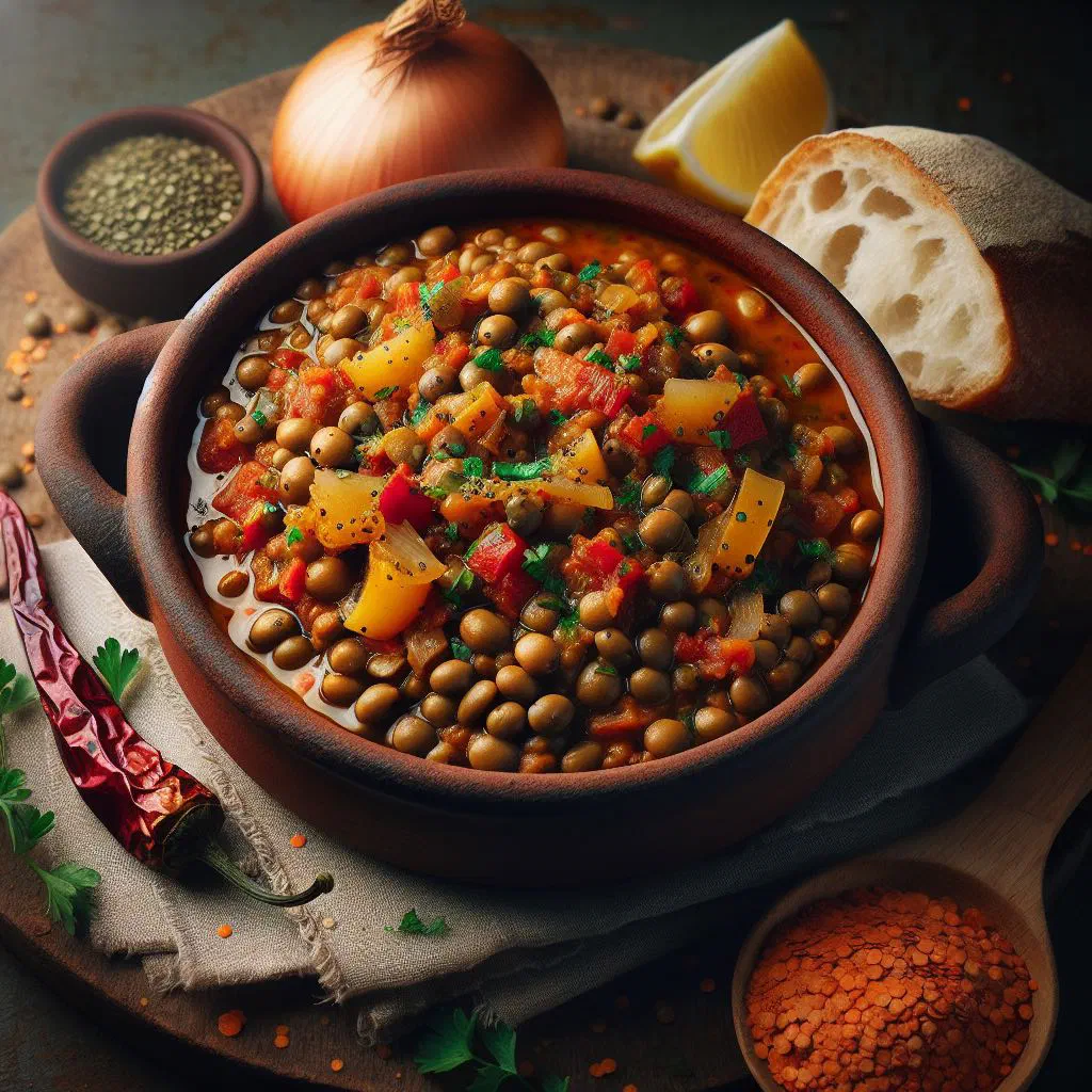 Bowl of Uruguayan lentil stew with carrot, potato and tomato