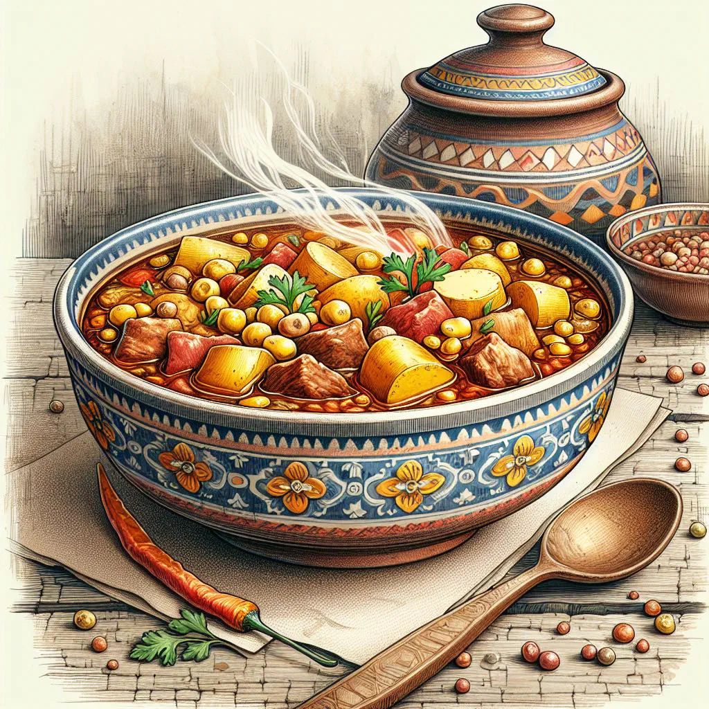 A hearty bowl of locro uruguayo stew with corn, beans and meat, garnished with fresh herbs