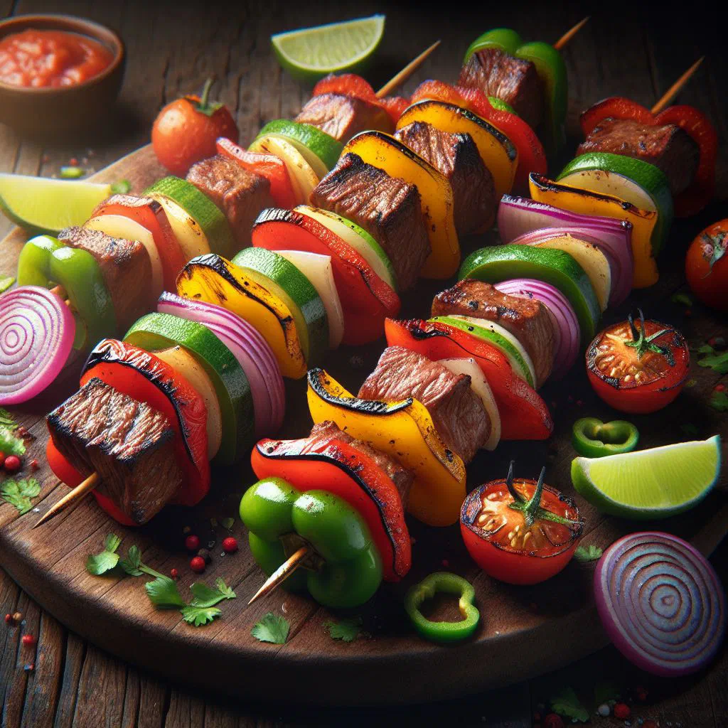 Grilled beef and vegetable skewers on a platter with fresh herbs