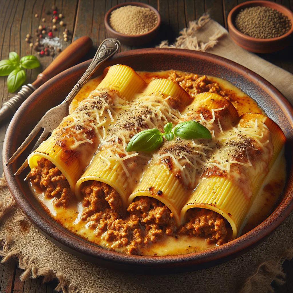Baked meat cannelloni in a creamy tomato sauce topped with melted cheese