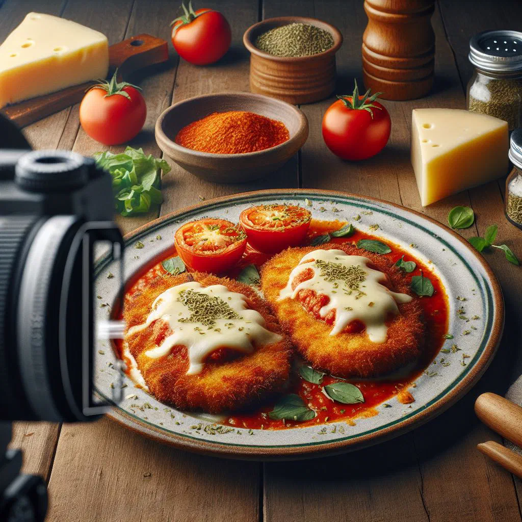 Breaded cutlet topped with tomato sauce and melted cheese
