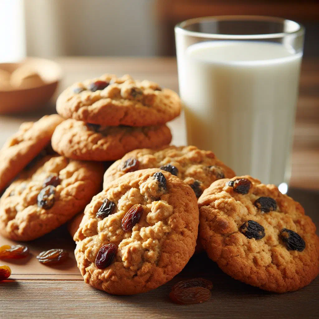 Golden oatmeal and raisin biscuits cooling on a wire rack