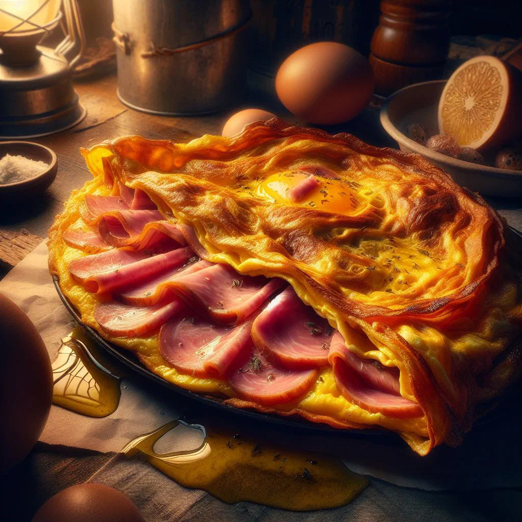Folded ham and cheese omelette served on a plate