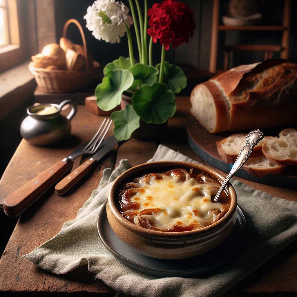 Bowl of Uruguayan onion soup topped with melted cheese and toasted bread